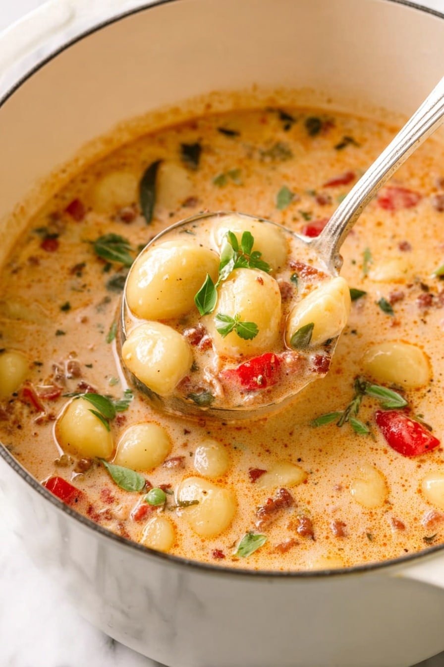 A close-up image of a creamy soup with a thick, light orange base filled with small round yellow potatoes, red bell pepper pieces, bits of green herbs, and small chunks of browned sausage. Bright green basil leaves float on the surface as garnish. A spoon holding some of the soup is in the center, showing the texture and ingredients clearly. The soup fills a white bowl that sits on a white marbled surface. photo taken with an iphone --ar 2:3 --v 7