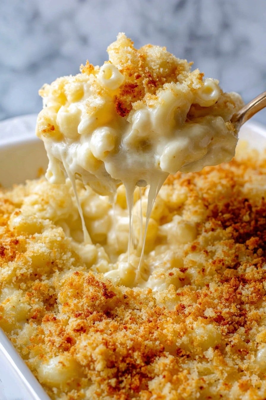 A close-up view of a white dish filled with macaroni and cheese. The bottom layer is creamy macaroni pasta in a pale yellow cheese sauce, with melted cheese strands stretching as a spoon lifts a portion. The top layer is golden brown breadcrumbs, crunchy and unevenly spread, adding texture and contrast to the smooth cheese and pasta underneath. The background has a soft, white marbled texture. Photo taken with an iphone --ar 2:3 --v 7