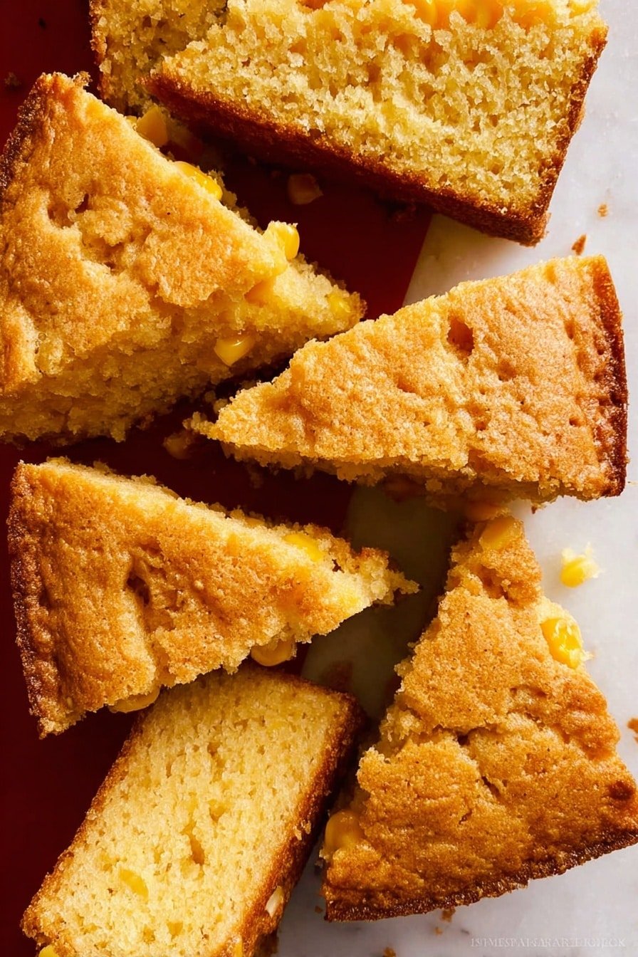 The image shows several triangular pieces of cornbread with a golden brown crust and a slightly crumbly texture, each containing visible whole corn kernels inside. The pieces are arranged closely on a white marbled surface with the top crust cracked gently in some areas, showing the soft and slightly dense interior. The cornbread has a warm, inviting yellow hue with hints of darker golden edges where it has baked thoroughly. photo taken with an iphone --ar 2:3 --v 7