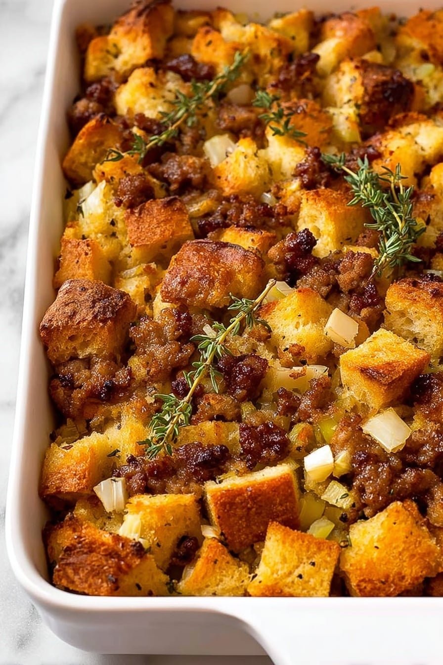 A white rectangular baking dish filled with a warm stuffing made of golden brown toasted bread cubes that have a crispy crust and soft inside. Mixed in are small browned sausage pieces with a rich texture, light yellow diced onions scattered throughout, and bits of celery adding a slight green touch. Fresh green thyme sprigs are placed on top, adding a fresh and natural look. The dish shows a mix of crunchy and soft textures with a golden and brown color palette. The background is a white marbled texture. photo taken with an iphone --ar 2:3 --v 7