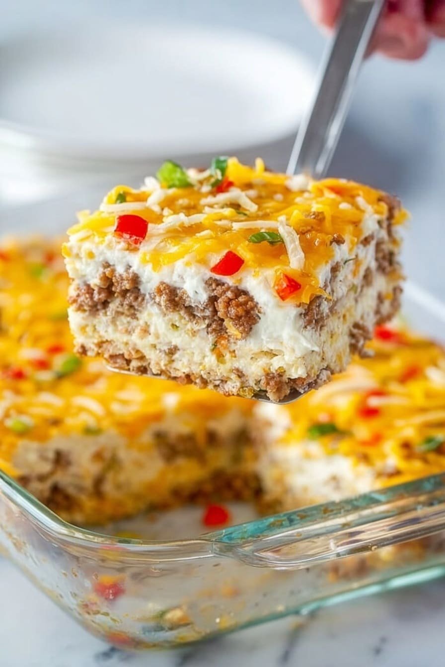 The image shows a close-up of a square piece of a layered casserole being lifted from a clear glass dish on a white marbled surface. The casserole has three distinct layers; the bottom layer is a light brown, crumbly texture, likely ground meat, the middle layer is creamy white, smooth and thick, while the top layer is a mix of shredded yellow and white cheese with small bits of green and red peppers scattered throughout. A woman's hand is holding the spatula lifting the piece. In the background, there is a white plate slightly out of focus. The overall look is warm and inviting. Photo taken with an iphone --ar 2:3 --v 7