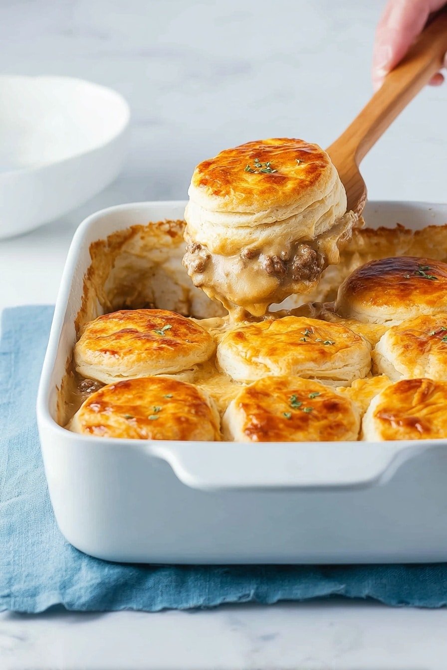 A white square baking dish holds six golden brown biscuit tops layered over a creamy sauce mixed with chunks of cooked ground meat, forming a thick base. The biscuits are round with flaky layers that show a soft, puffy inside and a slightly crusty, shiny top. One biscuit is being lifted with a wooden spatula held by a woman's hand, revealing the creamy, thick filling underneath. The dish rests on a light blue cloth, set against a white marbled surface, with a white bowl blurred in the background. photo taken with an iphone --ar 2:3 --v 7