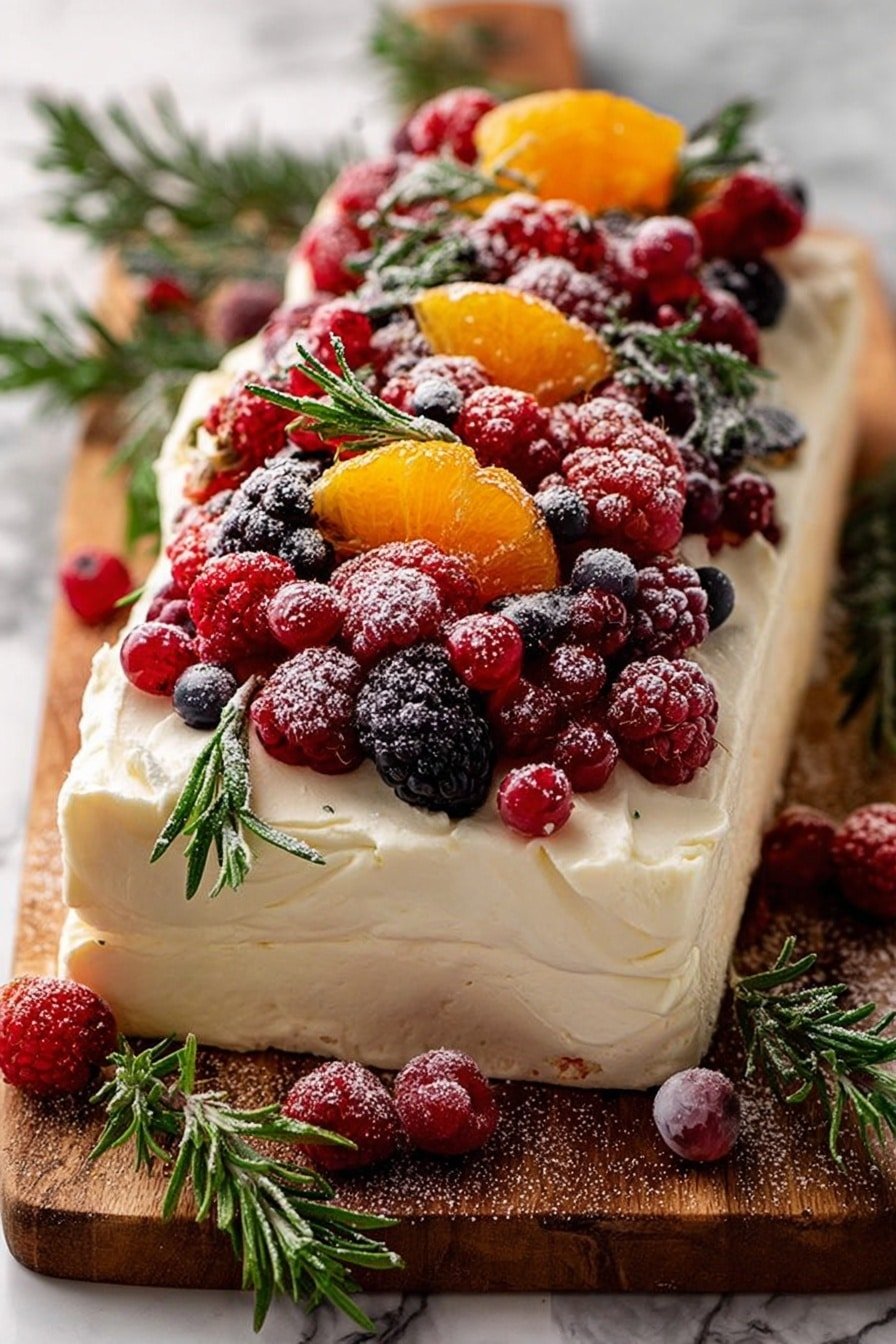 This dish is a rectangular dessert with three visible layers. The bottom layer is a pale, smooth cake base, topped by a thick, white creamy layer with soft, swirled texture that covers the entire surface. On top, there is a colorful mix of fresh berries including red raspberries, blackberries, and dark blueberries, scattered generously with some small orange slices placed vertically among the berries. Sprigs of green rosemary are interspersed throughout the fruit, adding contrast. The berries and rosemary are dusted lightly with white powdered sugar. The dessert is placed on a wooden board with a few berries and rosemary sprigs around it, all set on a white marbled texture surface. photo taken with an iphone --ar 2:3 --v 7