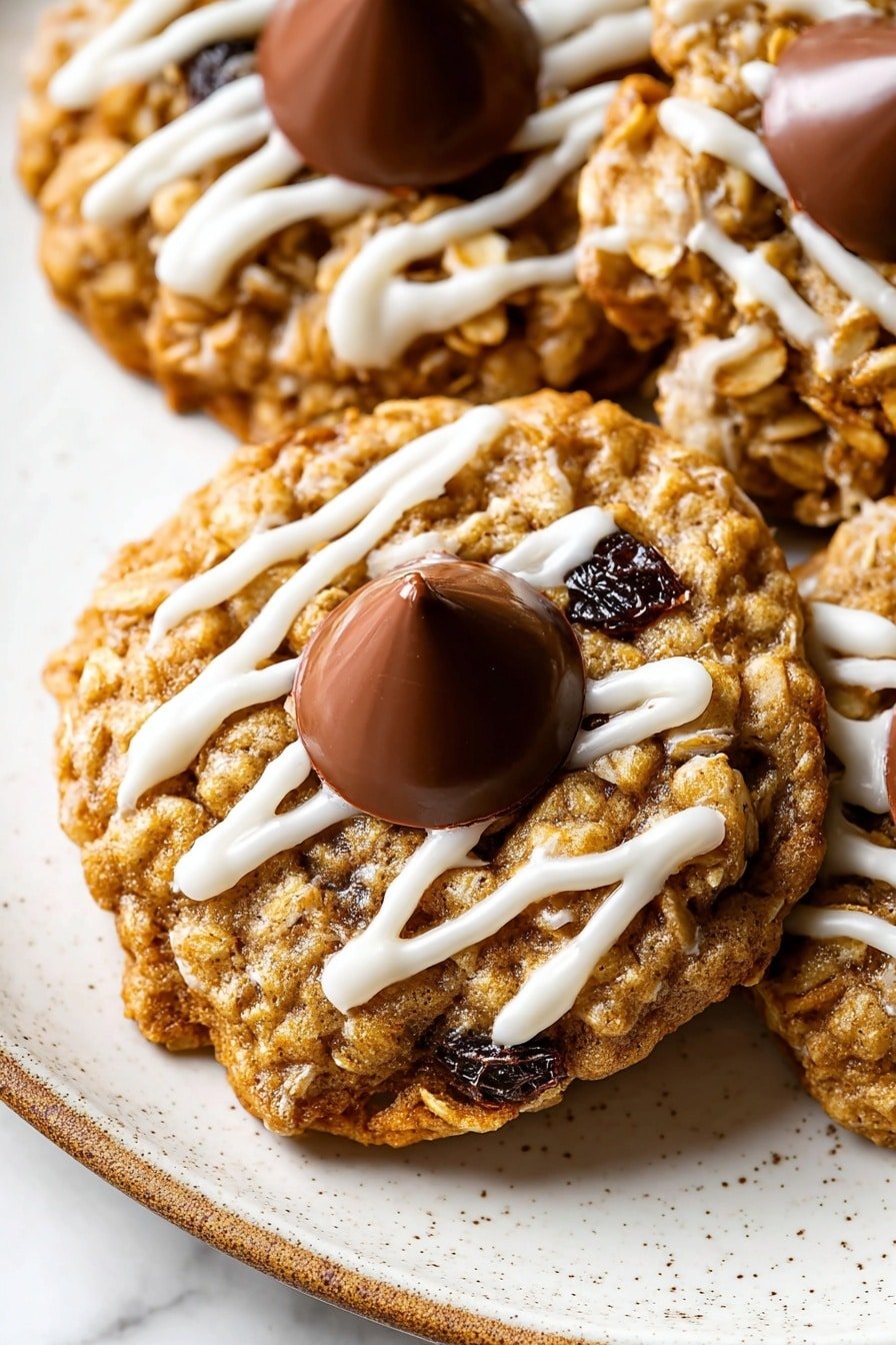 The image shows a close-up of a brown, textured cookie with chunks and oats, broken open to reveal a smooth, melted chocolate piece in the center with a cone-like shape. The cookie is drizzled on top with thin white lines of icing. The cookie rests on a speckled white plate, and in the background, there is a blurred open cookie with similar white icing details. The surface beneath the plate has a white marbled texture. photo taken with an iphone --ar 2:3 --v 7