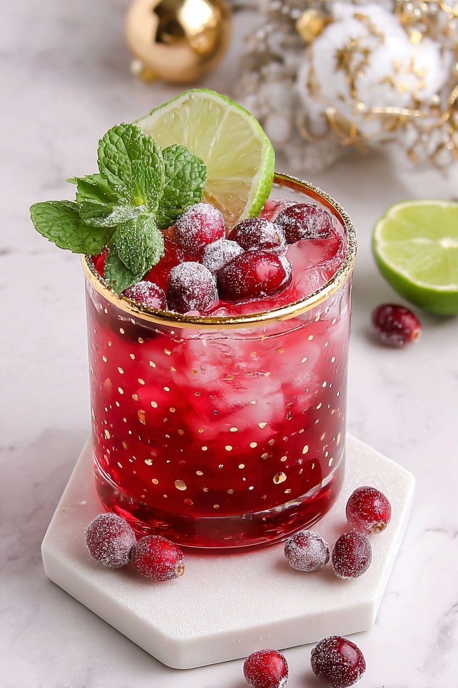 A clear glass with small gold dots and a gold rim holds a bright red drink filled with ice. Inside the drink, a slice of lime is visible on the side. On top, there are several shiny red cranberries and green mint leaves with light powdered sugar sprinkled over them. The glass is placed on a white hexagonal coaster with a light dusting of powdered sugar, set on a white marbled surface. Around the glass, a few loose cranberries, a halved lime, and some mint leaves rest. A gold and white ornament is seen blurred in the background. Photo taken with an iphone --ar 2:3 --v 7