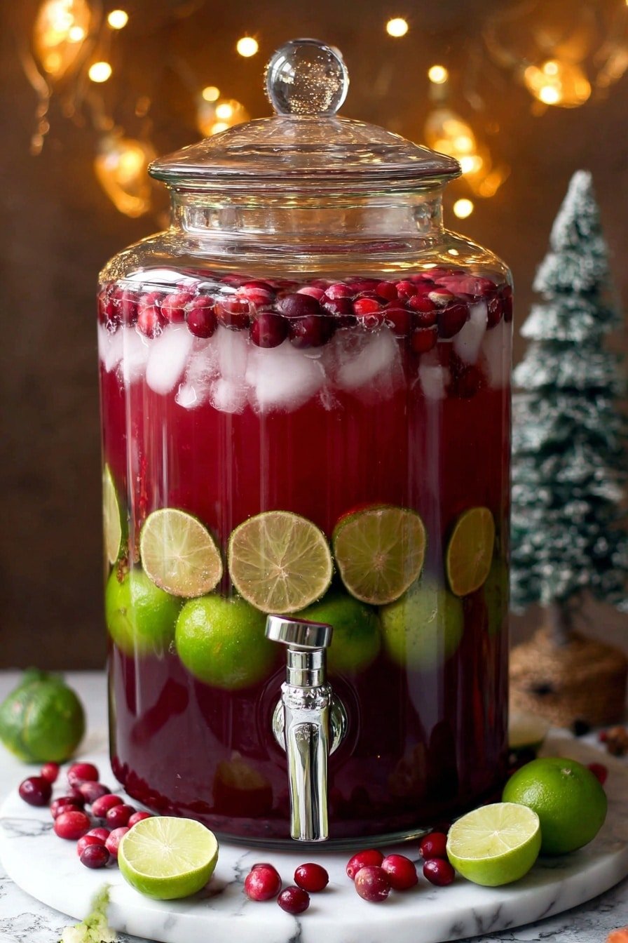 A large clear glass drink dispenser filled with three layers: the bottom layer is a dark red liquid, the middle layer has several whole green limes and lime slices floating inside, and the top layer is filled with red cranberries and ice cubes with some white foam near the top edge. The dispenser is set on a white marbled surface with scattered cranberries and lime slices around its base. In the background, there are blurred warm lights and a small decorated tree. photo taken with an iphone --ar 2:3 --v 7