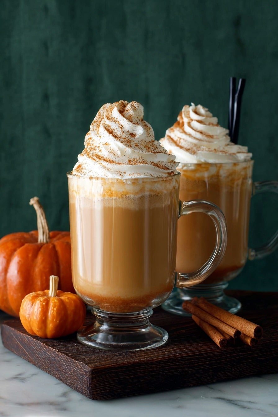 Two clear glass mugs of light brown creamy pumpkin drink with thick swirls of white whipped cream topped with light brown cinnamon powder sit on a dark wooden board. Each mug has a black straw on the right side. In front of the left mug, there is a small orange pumpkin and a cinnamon stick. The background is dark green and the surface is white marbled texture. photo taken with an iphone --ar 2:3 --v 7