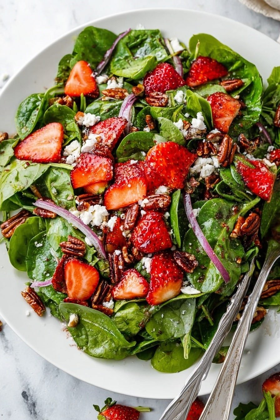 A fresh salad is shown on a white plate placed on a white marbled surface. It has several layers starting with deep green spinach and mixed leafy greens forming the base. Above that, there are bright red sliced strawberries scattered evenly, adding vibrant color. Thin, pale purple onion slices are spread throughout the salad. There are crunchy, dark brown pecans added in small clusters. Small crumbly white pieces of cheese appear in little bits all over the top. The salad looks shiny as if lightly dressed, and there is a pair of silver salad tongs resting on the plate's edge. Photo taken with an iphone --ar 2:3 --v 7