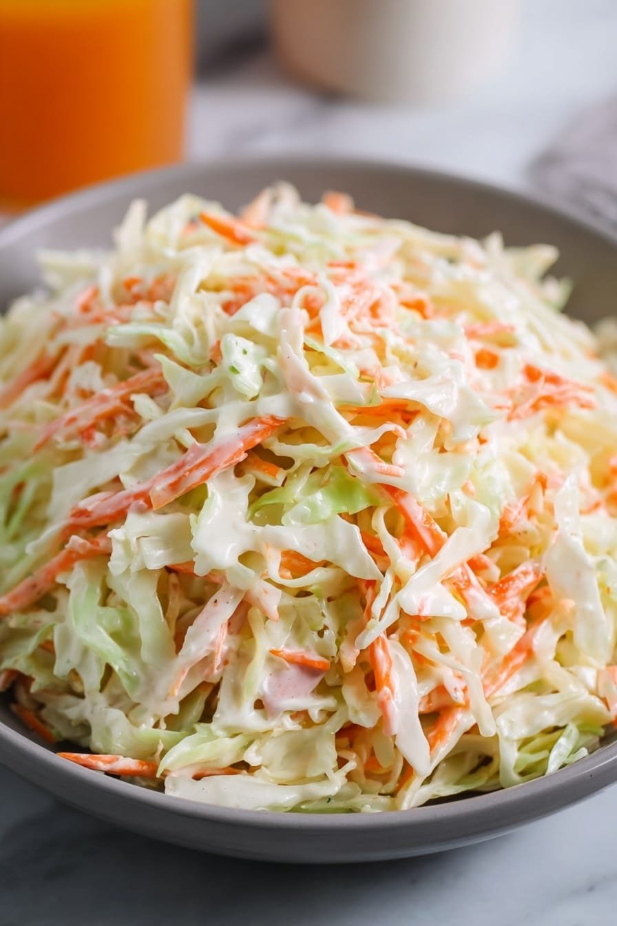 This image shows a close-up of coleslaw with finely sliced layers of pale green cabbage and thin, bright orange carrot strips mixed together. The cabbage pieces have a soft, slightly creamy texture with visible flecks of black pepper, while the carrots add a bit of crispness and color contrast throughout the mix. The coleslaw looks lightly dressed with a smooth, light dressing coating the vegetables evenly, creating a fresh and creamy appearance. The background has a white marbled texture. photo taken with an iphone --ar 2:3 --v 7
