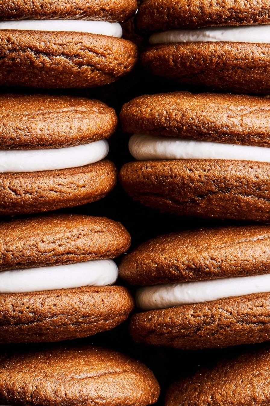 The image shows a close-up view of multiple sandwich cookies stacked tightly together. Each cookie has two round, soft-looking brown layers with a slightly rough texture, and in the middle, there is a thick layer of smooth white cream filling. The layers are even, with the cream layer neatly spread between the two cookie parts. The background is not visible as the cookies fill the whole frame, showing their warm brown color and creamy white center clearly. photo taken with an iphone --ar 2:3 --v 7
