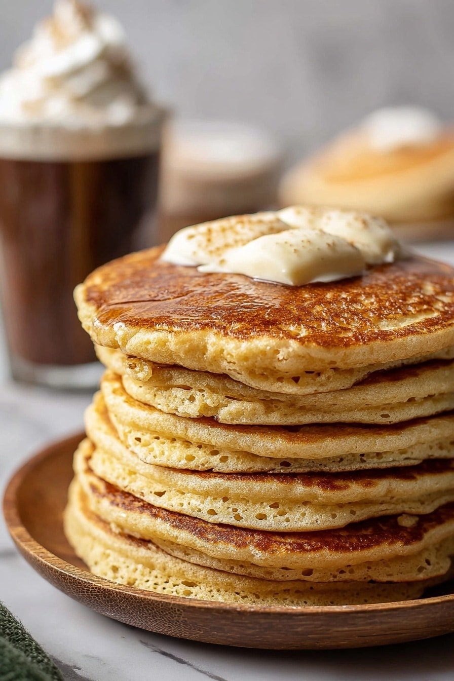 A stack of seven golden brown pancakes sits on a white plate, each pancake showing a light, fluffy texture with small air pockets. The pancakes are stacked neatly, and the top pancake is partially covered with two small dollops of creamy butter melting slowly, creating a smooth, slightly shiny surface with a light beige color. The plate rests on a white marbled surface. In the blurred background, there is a glass with dark coffee and a tall glass of chocolate drink topped with whipped cream, adding a cozy feel to the scene. photo taken with an iphone --ar 2:3 --v 7