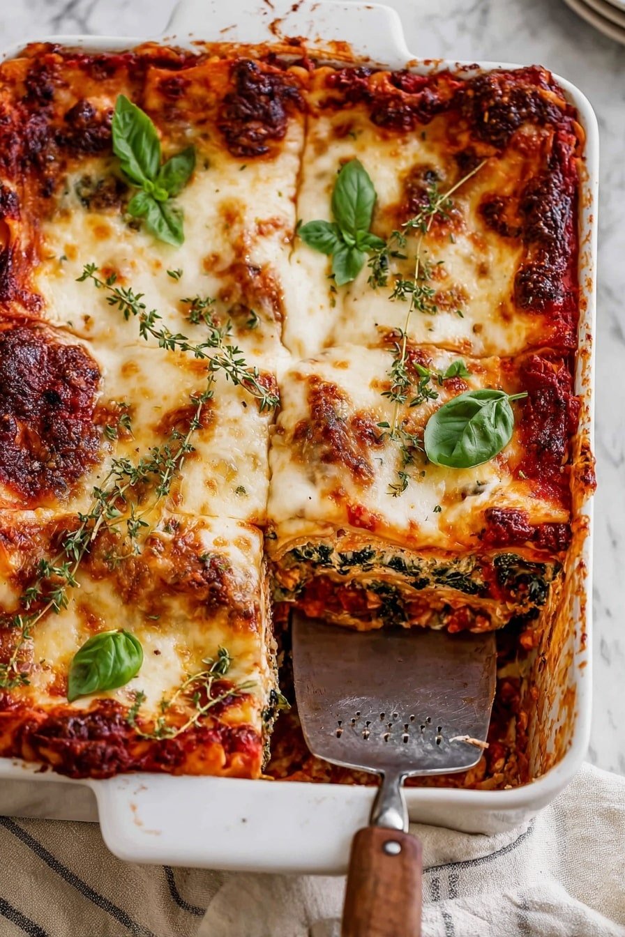 A white baking dish holds a lasagna with four visible layers: the bottom layer shows a red tomato sauce with bits of vegetables, the next layers alternate with creamy white cheese and spinach, topped by a thick melted golden cheese layer browned in spots. Fresh green basil leaves and sprigs of thyme are scattered on top, adding a touch of bright green contrast. A metal spatula with a wooden handle is lifting a square piece from the lower right corner, revealing the lasagna layers inside. The dish is placed on a white marbled surface with a cloth napkin partly visible underneath. Photo taken with an iphone --ar 2:3 --v 7