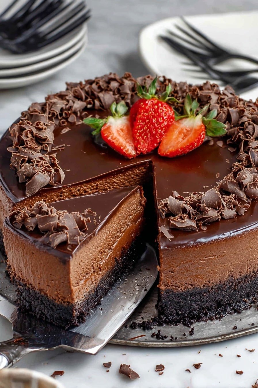 A rich chocolate cheesecake on a round metal tray with three layers: a dark crumbly crust at the bottom, a thick smooth chocolate cheesecake filling in the middle, and a glossy dark chocolate ganache on top. The ganache is decorated with curled chocolate shavings arranged in a ring near the edge. Three fresh strawberries, one cut in half showing red and white inside, sit at the center on top. One slice is lifted with a metal spatula showing the dense texture inside. The background is a white marbled surface with white plates and black forks in the background. photo taken with an iphone --ar 2:3 --v 7