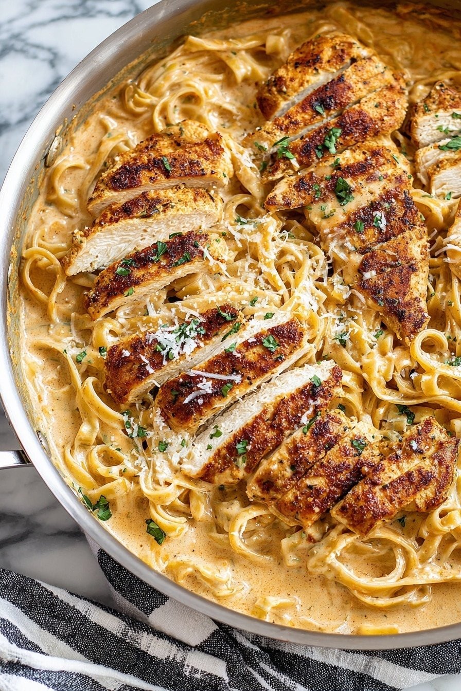 A close-up view of a large silver pan filled with a creamy light brown sauce as the bottom layer, topped with a layer of long, flat fettuccine pasta mixed into the sauce, and several pieces of thick, grilled chicken with a golden-brown, slightly crispy texture scattered evenly on top, garnished with small green herb bits and finely grated white cheese. The pan is placed on a white marbled surface with a striped black and white cloth nearby. Photo taken with an iphone --ar 2:3 --v 7
