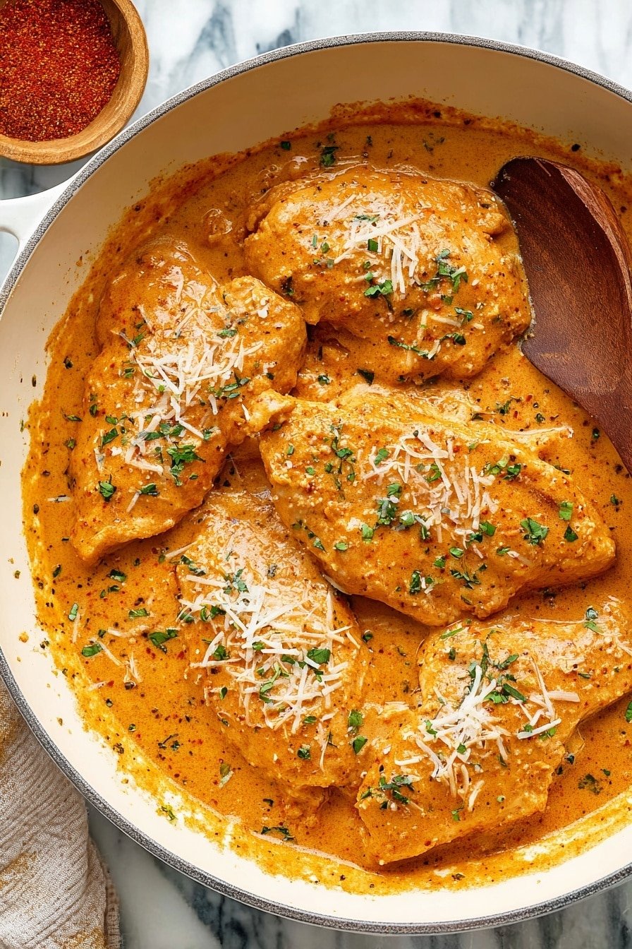 The image shows a white pan with five pieces of cooked chicken covered in a thick, orange-brown creamy sauce. The chicken pieces are arranged closely, with some sprinkled with white shredded cheese and green chopped herbs. The sauce looks smooth and rich, coating the sides of the pan as well. There is a wooden spoon partially visible under one piece of chicken, and the pan rests on a white marbled surface with a small bowl of reddish spice powder placed beside it. photo taken with an iphone --ar 2:3 --v 7