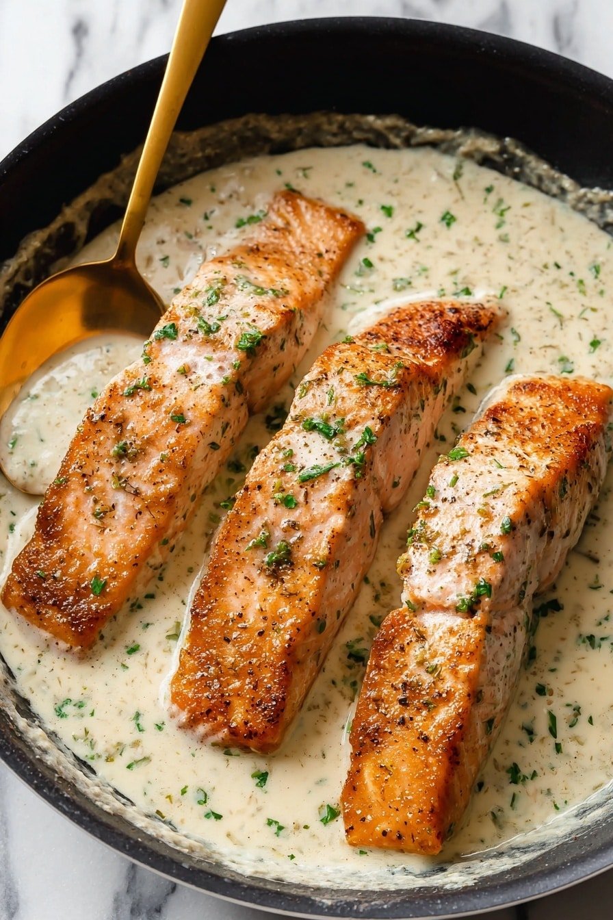 Three cooked salmon fillets with a golden brown top layer lie side by side in a black pan, partially covered by a thick creamy white sauce with green herb specks scattered throughout. The salmon has a slightly rough texture with visible seasoning, and the sauce looks smooth and rich. A golden spoon rests on the left edge of the pan, its round end partly dipped in the sauce. The pan is placed on a white marbled surface. photo taken with an iphone --ar 2:3 --v 7