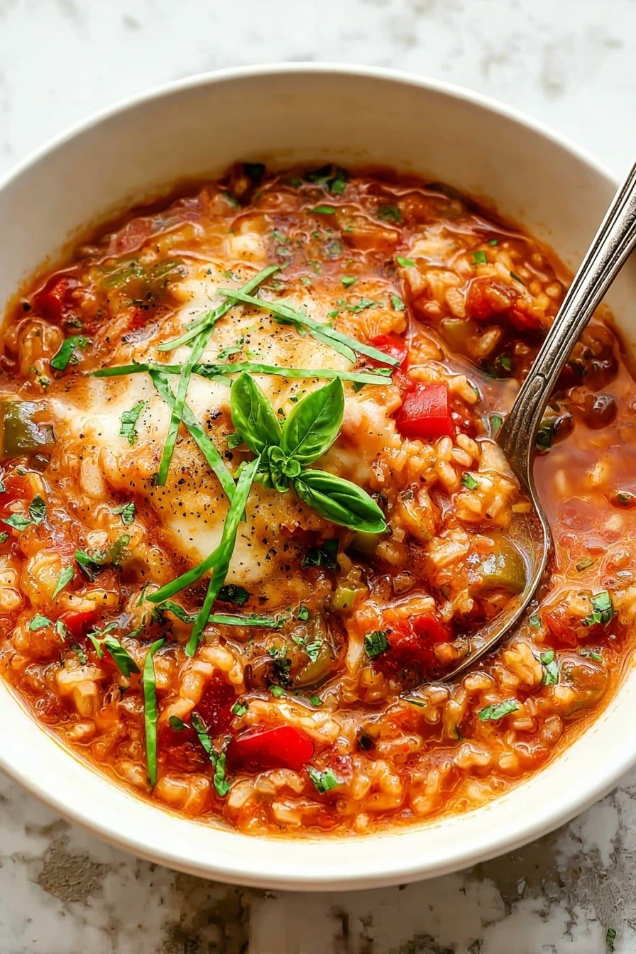 A close-up view of a thick red tomato-based stew in a white pot with a dark rim, showing visible pieces of ground meat, diced red and green bell peppers, and melted cheese. The cheese is stringy and mixed into the rich sauce with herbs and small bits of vegetables. A shiny golden spoon is lifting a portion of the stew, revealing the chunky, hearty texture with color contrasts of red, orange, and green, resting on a white marbled surface. photo taken with an iphone --ar 2:3 --v 7
