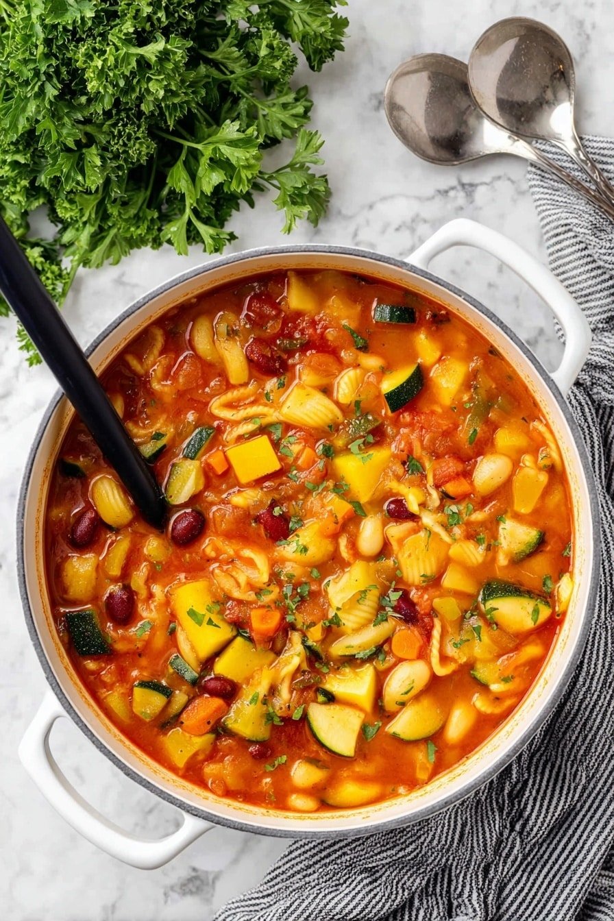 A white pot filled with thick vegetable soup showing three main layers: the top layer has bright yellow cubed squash and orange carrot pieces, the middle layer is a red tomato broth with bits of green zucchini and herbs, and the bottom layer includes small shell pasta and some red beans. The pot rests on a white marbled surface with a bunch of leafy green parsley to the left and a grey striped cloth to the right with two silver spoons placed near it. A black ladle is partially dipped inside the soup. Photo taken with an iphone --ar 2:3 --v 7