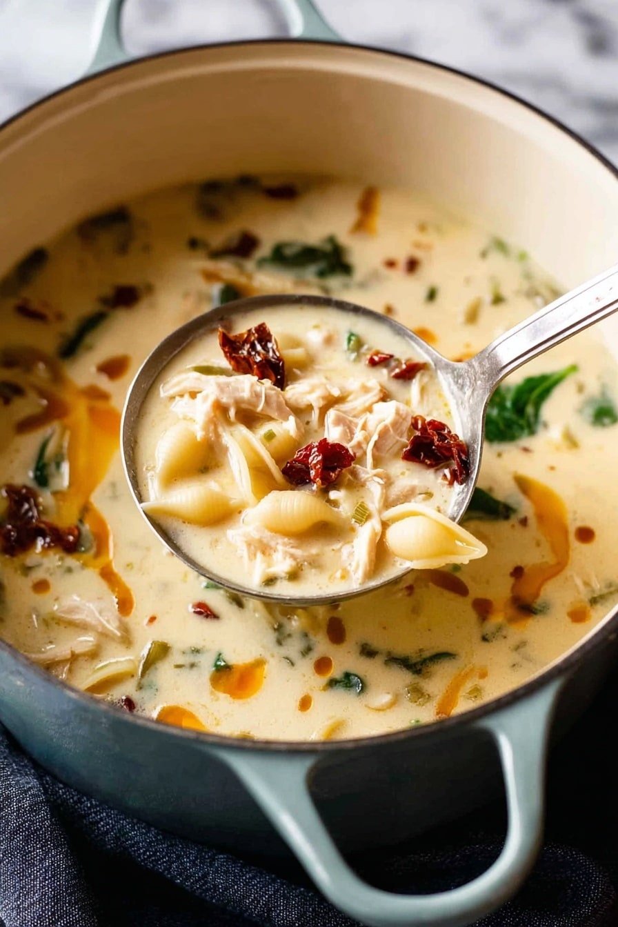 A close-up of a white pot filled with thick creamy soup with pieces of light yellow pasta, small chunks of meat, dark red sun-dried tomato bits, and some green leafy vegetables visible. A metal ladle is lifting a scoop of the soup showing the rich creamy texture with a drizzle of orange oil on the surface. The pot rests on a white marbled surface with a dark cloth nearby, and the background is softly blurred. photo taken with an iphone --ar 2:3 --v 7