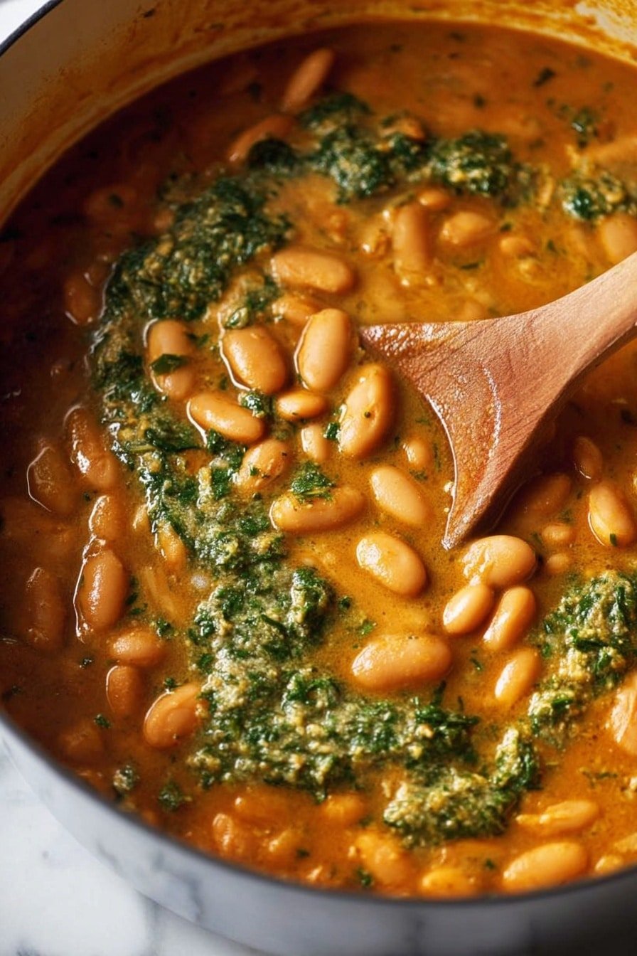 The image shows a close-up of a thick stew with soft, light brown beans mixed into a rich, creamy orange sauce. On top and swirling through the stew are bright green spots of a chunky herb mixture, adding contrast and texture. A wooden spoon is dipped into the stew, stirring the beans and green herb mix. The scene is set against a white marbled background. photo taken with an iphone --ar 2:3 --v 7
