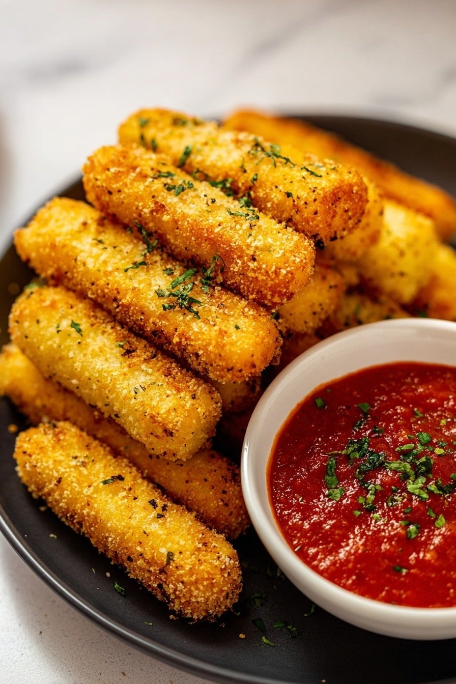 The image shows a white plate filled with a stack of golden brown, crispy sticks arranged close together, each stick covered in a crunchy textured coating with small green herbs sprinkled on top. Next to the sticks, on the right side of the plate, there is a small white bowl filled with thick, bright red tomato sauce garnished with finely chopped green herbs. The plate is set on a white marbled surface with a soft focus background, and the lighting highlights the crunchy texture of the sticks and the freshness of the sauce. Photo taken with an iphone --ar 2:3 --v 7