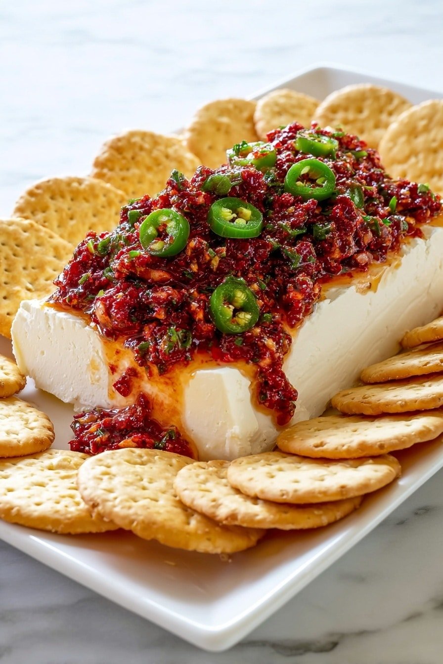 A white rectangular plate holds a block of smooth, white cream cheese. A chunky, bright red mixture with bits of green herbs and jalapeno slices covers the top and drips slightly down the sides of the cheese block. The topping looks textured and moist. Around the block, light golden round crackers are arranged in a loose circle, showing their slightly bumpy and crisp texture. The plate is set on a white marbled surface. Photo taken with an iphone --ar 2:3 --v 7