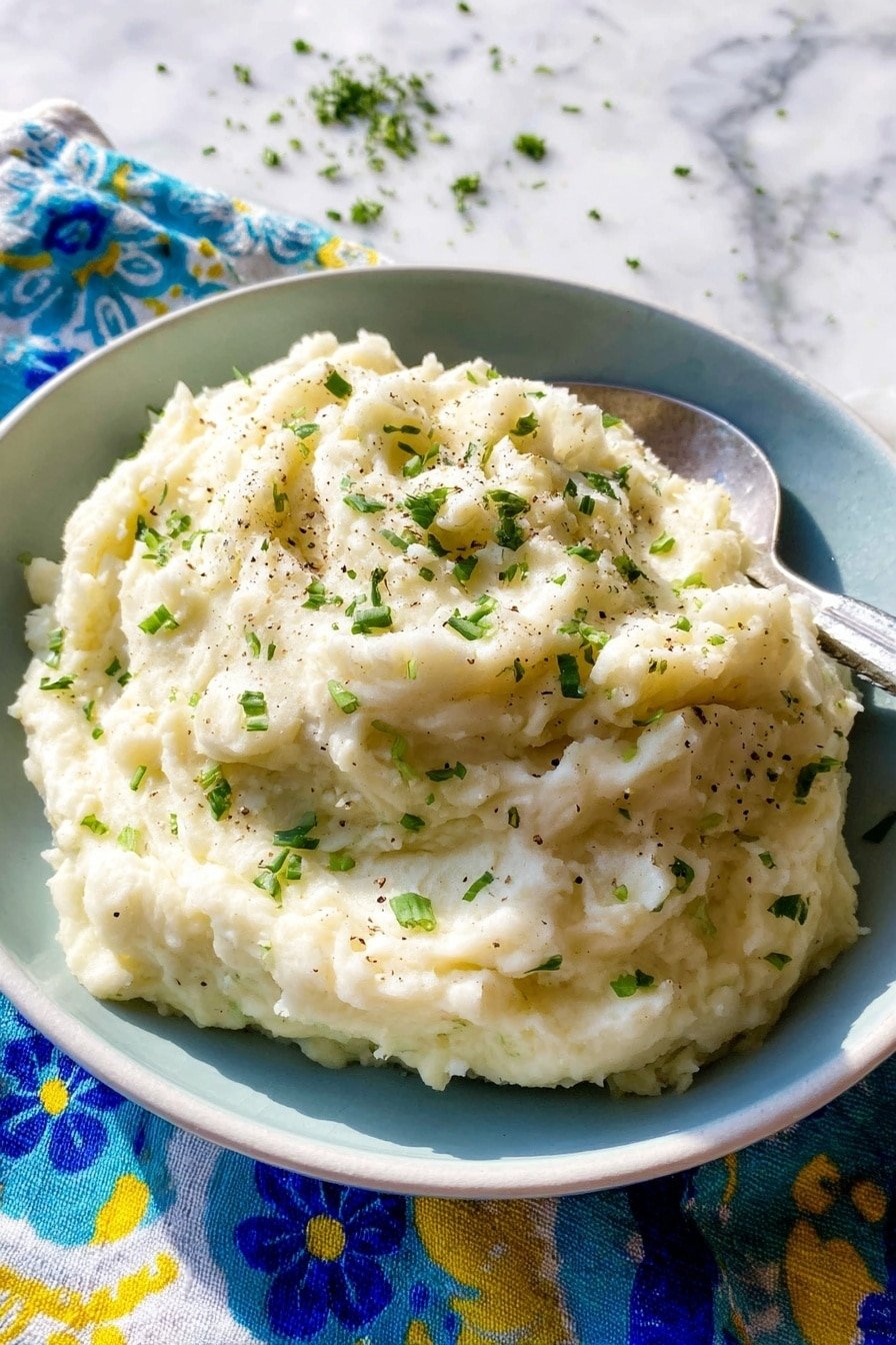 A large mound of creamy mashed potatoes is served on a simple white plate, with a metal spoon resting inside the potatoes on the right side. The mashed potatoes are smooth with a soft texture and sprinkled generously with small pieces of fresh green herbs and a dusting of black pepper. The plate sits on a colorful cloth with blue, yellow, and floral patterns, and the background is a white marbled surface with scattered small pieces of green herbs around. The lighting is bright and natural, highlighting the fluffy texture of the potatoes. Photo taken with an iphone --ar 2:3 --v 7