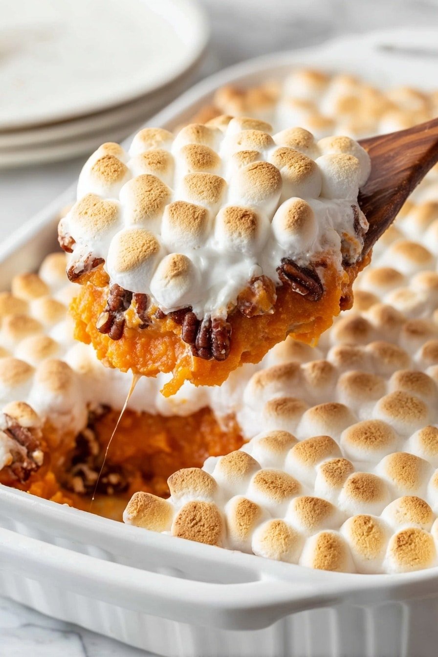 The image shows a white baking dish filled with a layered dessert. The top layer is made of golden-brown toasted mini marshmallows, soft and slightly melted, forming a bubbly and textured surface. Underneath, there is a gooey layer of melted marshmallows stretching as a wooden spatula lifts a portion from the dish. Below this is a rich, deep orange layer of cooked sweet potatoes mixed with small pieces of pecans, adding a dark brown contrast and a chunky texture. The dish sits on a white marbled surface, and a blurred white plate is visible in the background. photo taken with an iphone --ar 2:3 --v 7