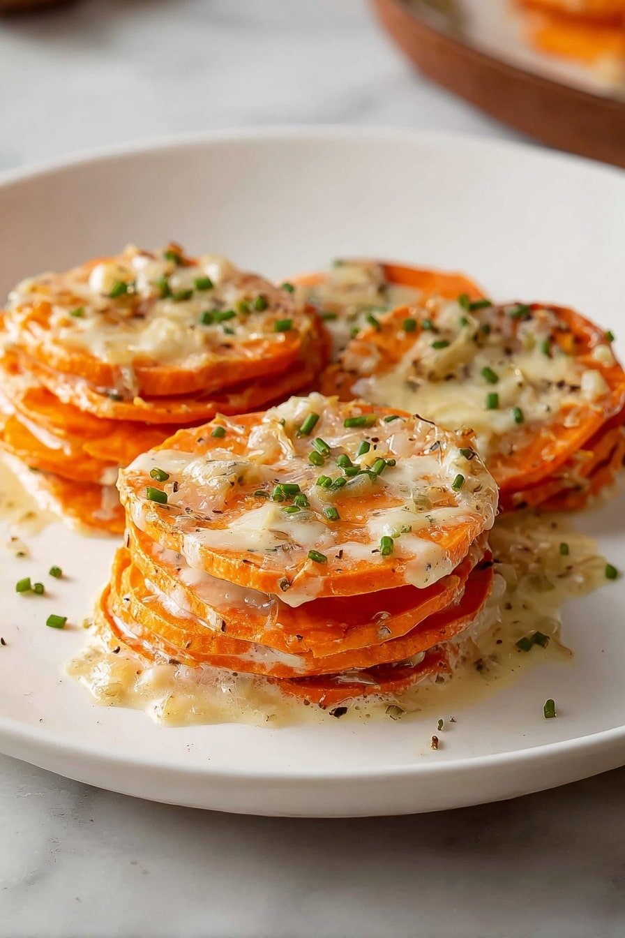 On a white plate, there are two stacks of round, thin slices of bright orange sweet potatoes arranged in overlapping layers forming two small piles. The sweet potato layers have a slight crisp and golden brown edges with melted, creamy white cheese peeking between and around them, mixed with small bits of sautéed onions. Green chopped chives are sprinkled on top and around the stacks as garnish. The plate is set on a white marbled surface with a rustic wooden background partially visible, along with a small wooden bowl filled with extra chopped chives and two silver forks nearby. photo taken with an iphone --ar 2:3 --v 7