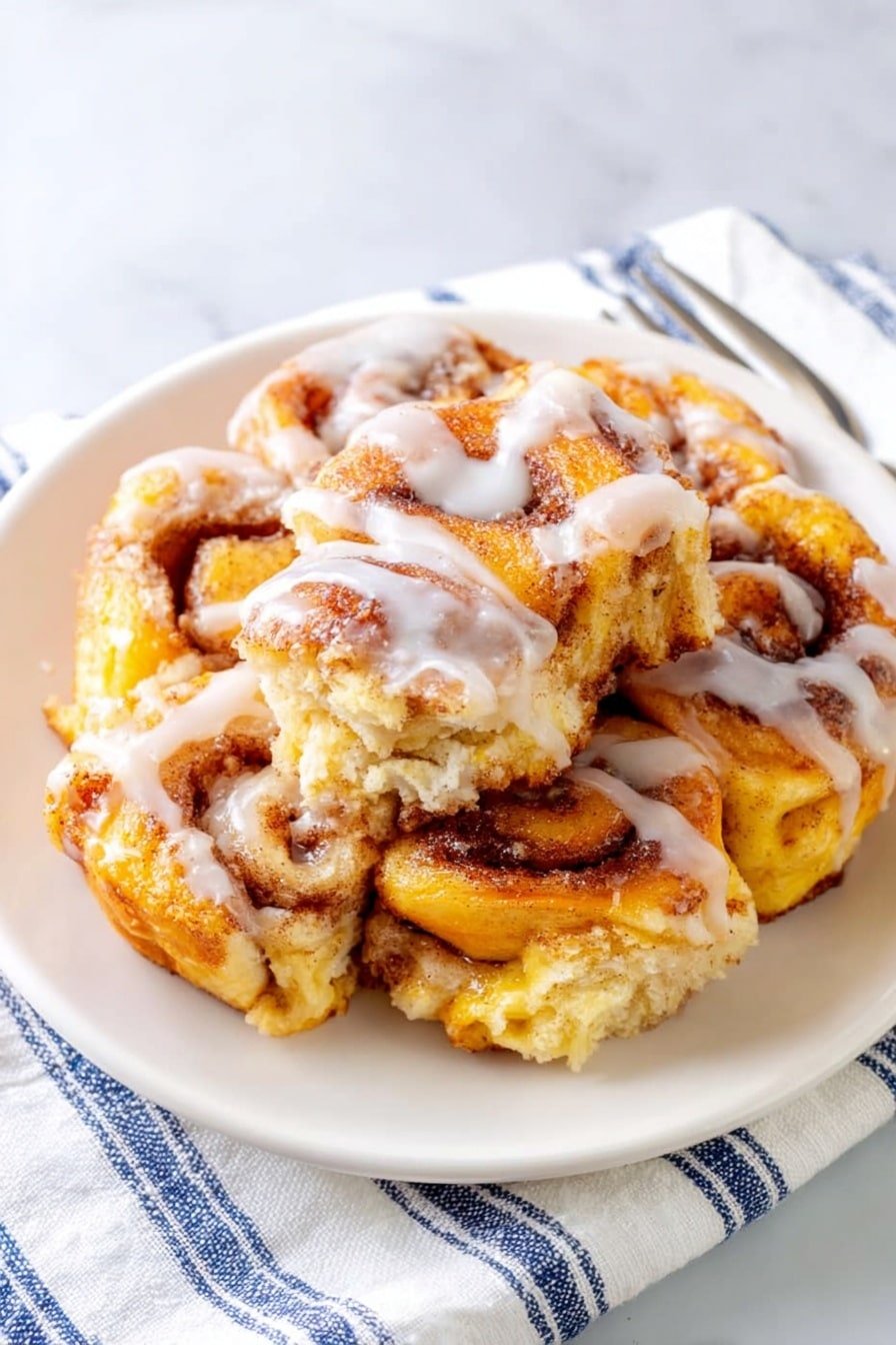 A white round plate holds a stack of cinnamon rolls with visible swirls of cinnamon brown layered inside soft golden dough. The rolls are topped with thin layers of white icing drizzled unevenly across the top, adding a creamy shine. The stack consists of multiple rounded pieces pressed close together, showing a slightly crispy, browned outer edge with a soft, fluffy inside texture. A silver fork rests on the right side of the plate, partially under the cinnamon rolls. The plate sits on a white marbled surface with a white cloth that has blue stripes under the plate's edge. Photo taken with an iphone --ar 2:3 --v 7