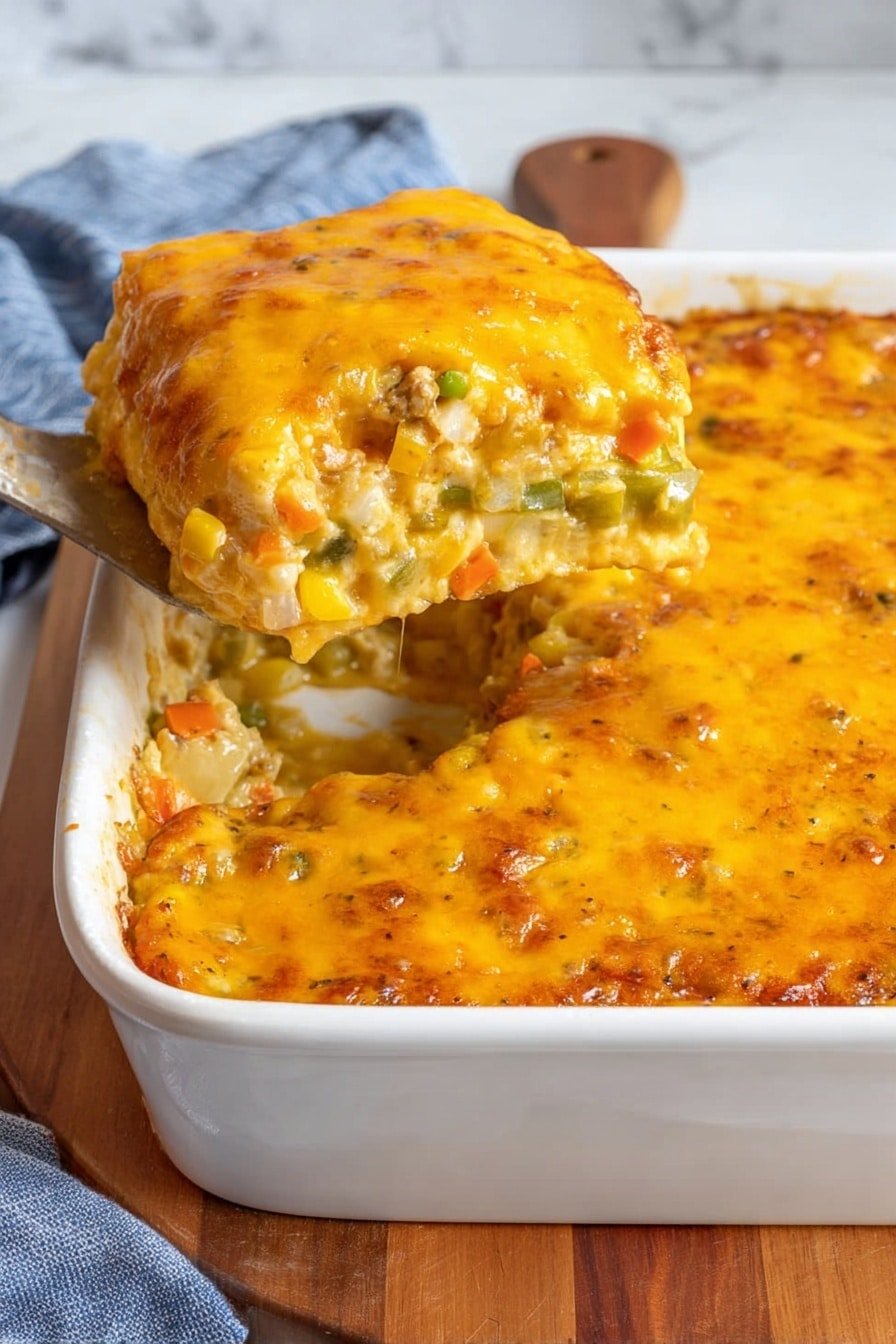 The image shows a white rectangular baking dish filled with a thick casserole. The top layer is golden and bubbly melted cheese with slightly browned edges. Beneath the cheese are visible pieces of diced potatoes and small bits of vegetables mixed in a creamy orange-yellow sauce. A woman's hand holds a large metallic spatula lifting one square portion from the dish, showing multiple layers of soft potatoes, cheese, and creamy sauce. The baking dish rests on a wooden board on a white marbled surface with a light blue cloth in the background. Photo taken with an iphone --ar 2:3 --v 7