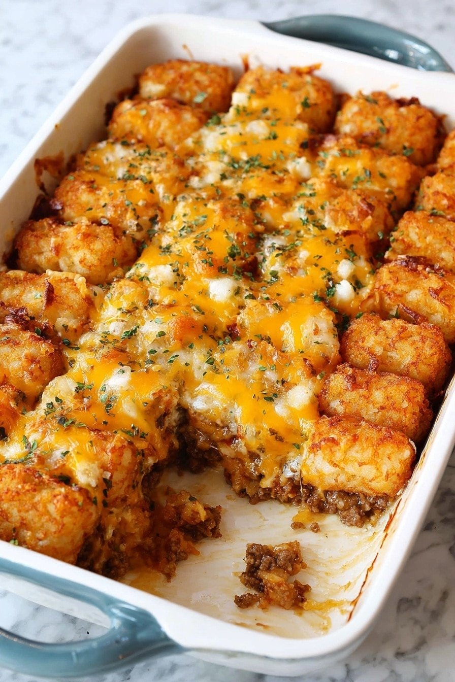 A white rectangular baking dish filled with a baked casserole that has been cut into square pieces, showing about two layers: a golden brown crispy top layer of tater tots with melted yellow and white cheese, sprinkled with small green herb bits, and underneath a browned ground meat and cheese filling visible where a portion is missing; the dish sits on a white marbled surface, and the blue handles of the baking dish are partially visible photo taken with an iphone --ar 2:3 --v 7