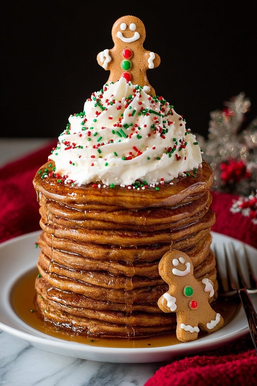 A tall stack of eight brown pancakes sits on a white plate on a white marbled surface. The pancakes have a slightly uneven texture and are drizzled with syrup that trickles down the sides. On top of the stack is a big swirl of white whipped cream sprinkled with red, green, and white round sprinkles. A small gingerbread man cookie with white icing details and red and green buttons is placed standing in the whipped cream. Another gingerbread man cookie leans against the base of the pancake stack on the plate. The plate is surrounded by a red cloth and a fork is partly visible. The background is black. photo taken with an iphone --ar 2:3 --v 7