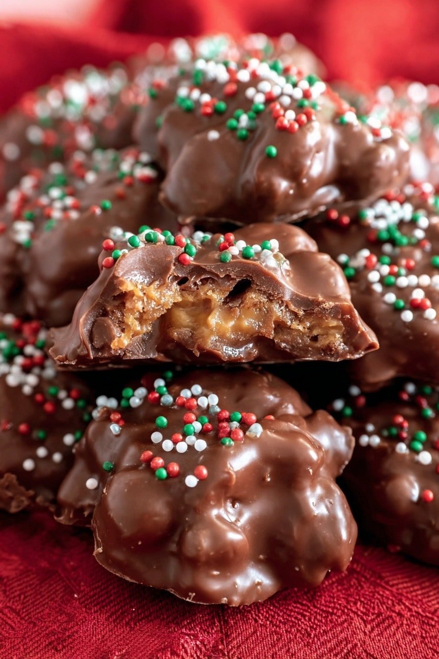 A close-up of a pile of chocolate-covered clusters with layers showing a crunchy nut or caramel center under a smooth milk chocolate coating. The clusters are topped with small, round, red, white, and green sprinkles scattered unevenly over the glossy chocolate surface. The background is a red cloth with a soft texture, contrasting with the shiny chocolate treats. One cluster is bitten to reveal the layered inside, showing a rich dark brown center and a lighter middle layer, with an uneven, chunky shape all around. photo taken with an iphone --ar 2:3 --v 7