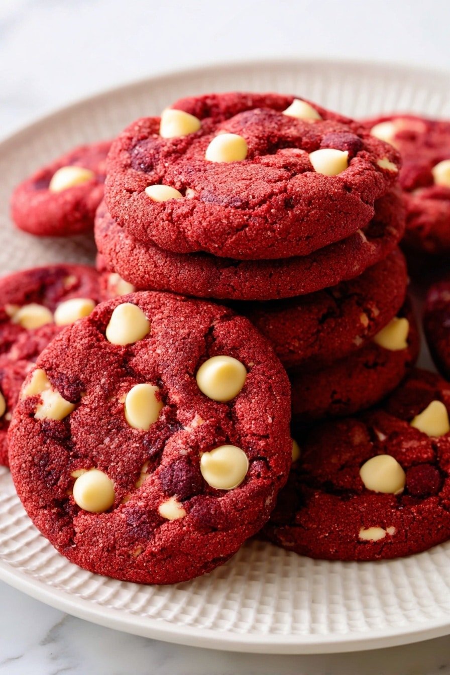 The image shows a white plate with seven red velvet cookies arranged on it. Each cookie has a deep red, soft-looking base that forms the first layer. On top of the red base is a smooth, light beige frosting swirled in a circular pattern, creating the second layer. The frosting is sprinkled with small red and pink sugar crystals that add a sparkling effect on the top layer. The plate sits on a white marbled surface, and the overall look is bright with soft lighting highlighting the texture of the cookies and frosting photo taken with an iphone --ar 2:3 --v 7