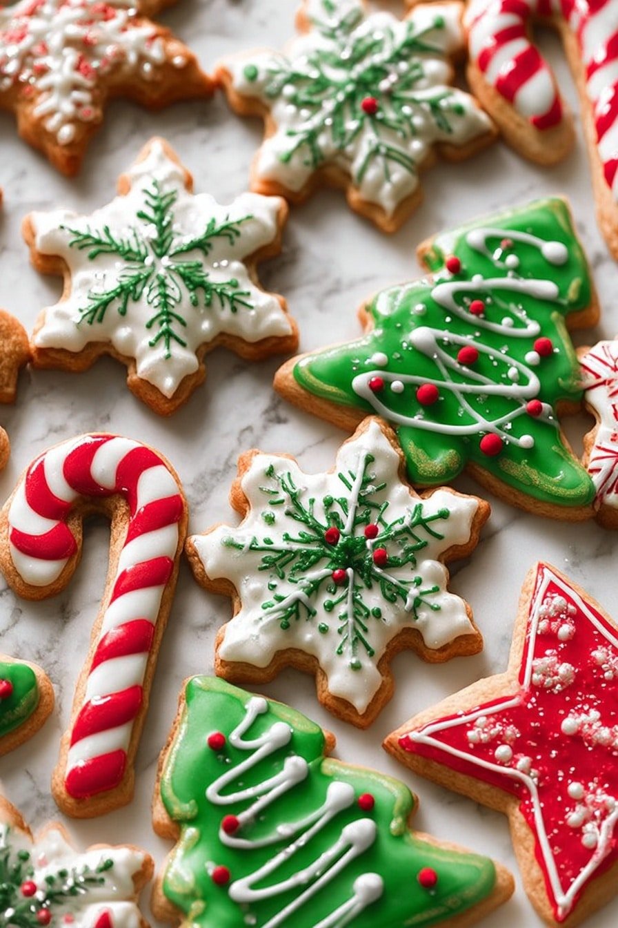 The image shows many Christmas-themed cookies laid out on a white marbled texture. There are snowflake-shaped cookies with a white icing base and green or red icing creating detailed snowflake patterns on top. Candy cane-shaped cookies have white icing with red stripes running vertically across. Christmas tree-shaped cookies are covered with green icing, decorated with red dots and small silver balls, and white squiggly lines that look like garlands. There is also a star-shaped cookie with red icing and white lines designed like tree branches. The cookies have a golden brown color and a smooth texture. photo taken with an iphone --ar 2:3 --v 7