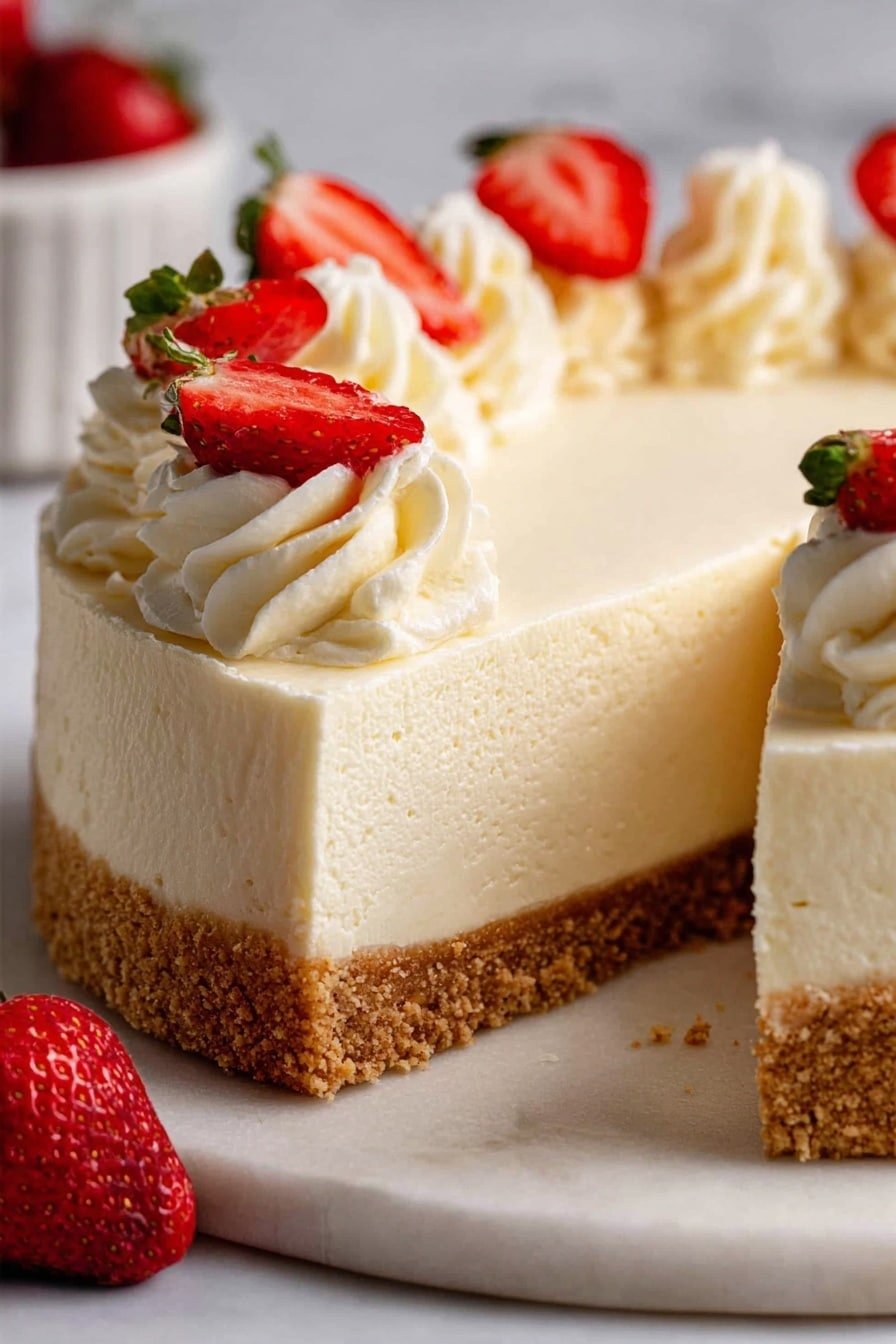 The image shows a creamy cheesecake with three visible layers. The bottom layer is a thick, crumbly light brown crust, which supports a tall, smooth, pale creamy white cheese layer. On top of the cheesecake are small swirls of white cream, each decorated with a bright red strawberry half placed flat on the cream. The cheesecake sits on a white marbled surface, with a whole strawberry half lying nearby. Photo taken with an iphone --ar 2:3 --v 7