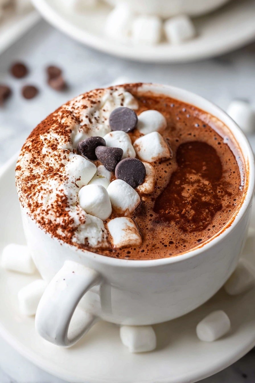 A white cup filled with rich dark brown hot chocolate topped with white marshmallows scattered on one side, dusted lightly with cocoa powder. On the other side, there is a layer of white whipped cream with three dark brown chocolate chips placed on top. The cup sits on a white saucer, photographed on a white marbled surface with a few chocolate chips around. photo taken with an iphone --ar 2:3 --v 7