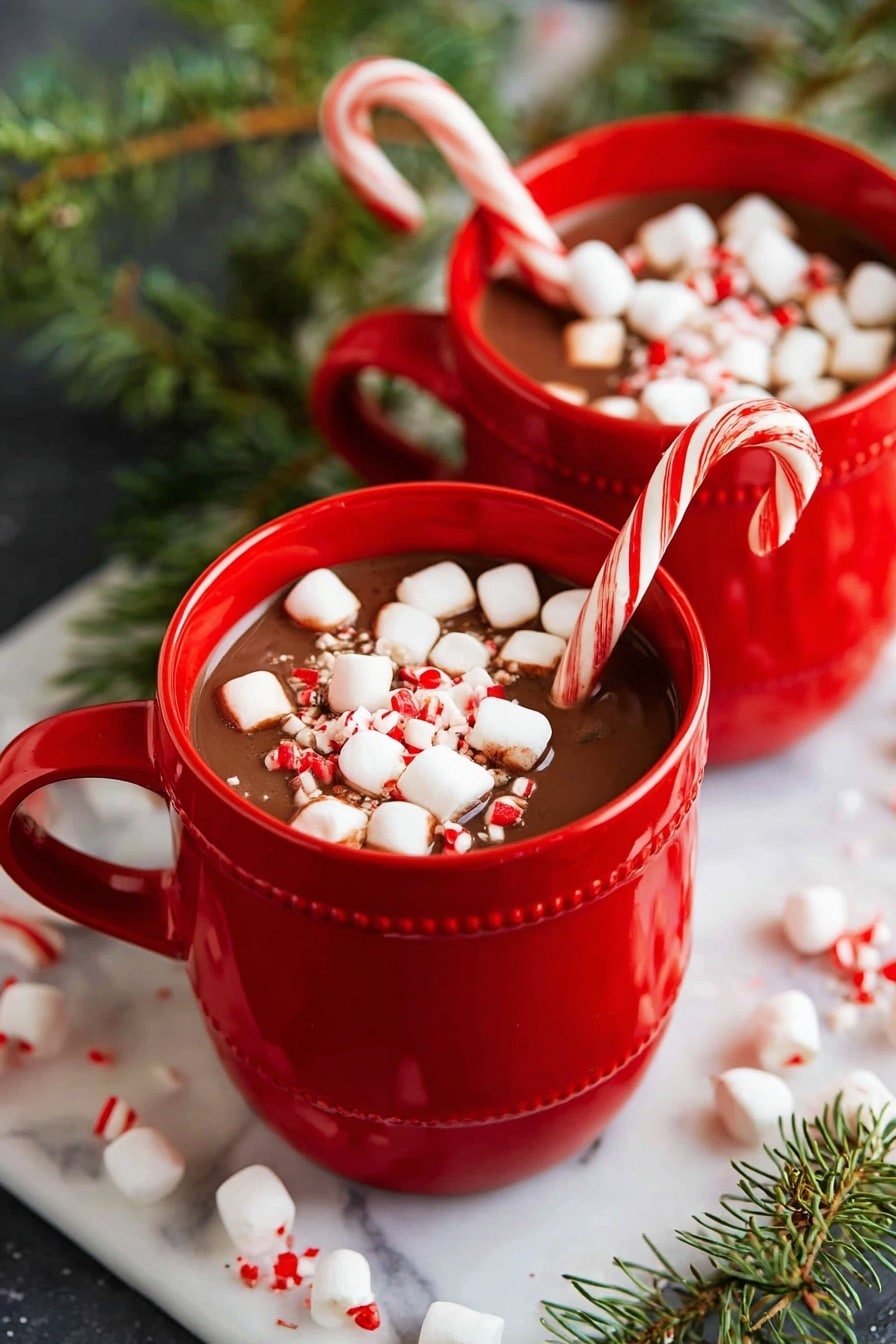 Two bright red mugs filled with dark brown hot chocolate sit on a white marbled surface. Each mug is topped with a layer of small, soft white marshmallows and tiny red and white candy pieces. A red and white striped candy cane is placed inside each mug, slightly leaning to the side. Green pine branches are arranged around the mugs, and additional marshmallows and candy canes are scattered nearby. The red mugs have a subtle textured band near the rim. Photo taken with an iphone --ar 2:3 --v 7