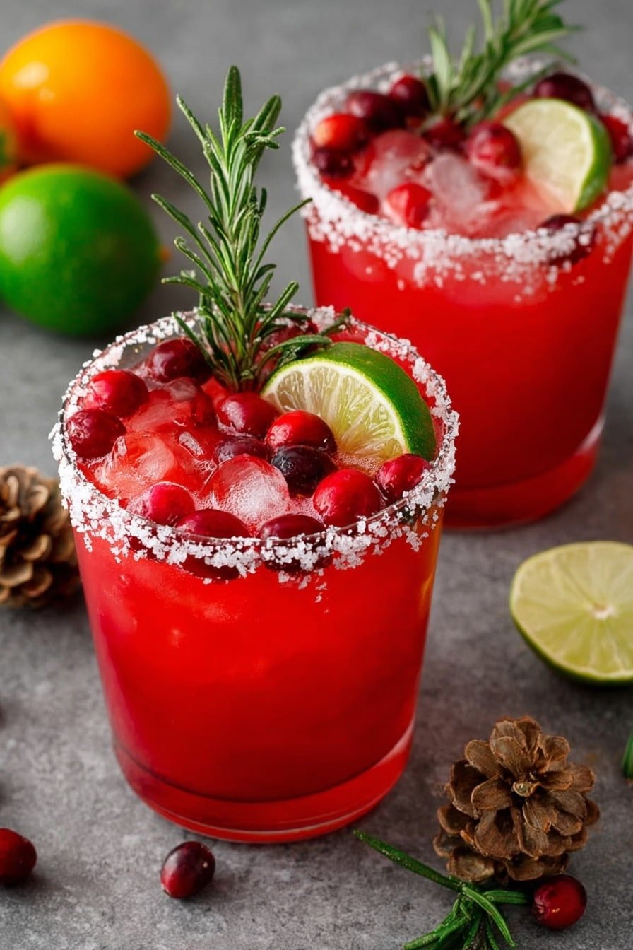 Two clear glasses filled with bright red drink, ice cubes floating inside. The rims of the glasses are coated with coarse white salt crystals. On the top layer, there are red cranberries, a green lime wedge, and a sprig of fresh green rosemary standing upright. The glasses sit on a gray surface with scattered pine cones, more cranberries, lime wedges, and green rosemary around. In the background, there are some small orange and green citrus fruits on the same white marbled texture. Photo taken with an iphone --ar 2:3 --v 7