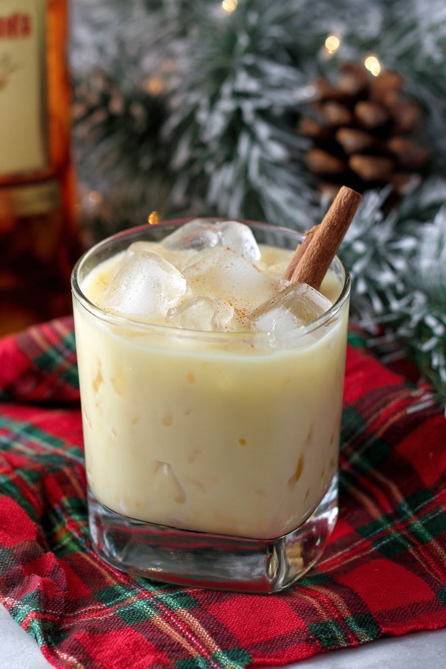 A clear glass filled with a creamy, light beige drink topped with a thin layer of frothy foam dusted with a light sprinkle of brown spice sits on a white plate. Behind it, a large glass bottle holds more of the same creamy drink, showing some foam residue inside. To the left, a folded colorful cloth with red, yellow, purple, and brown shades adds a cozy touch. The scene is set on a white marbled surface with soft, natural lighting, giving a fresh and inviting look. photo taken with an iphone --ar 2:3 --v 7