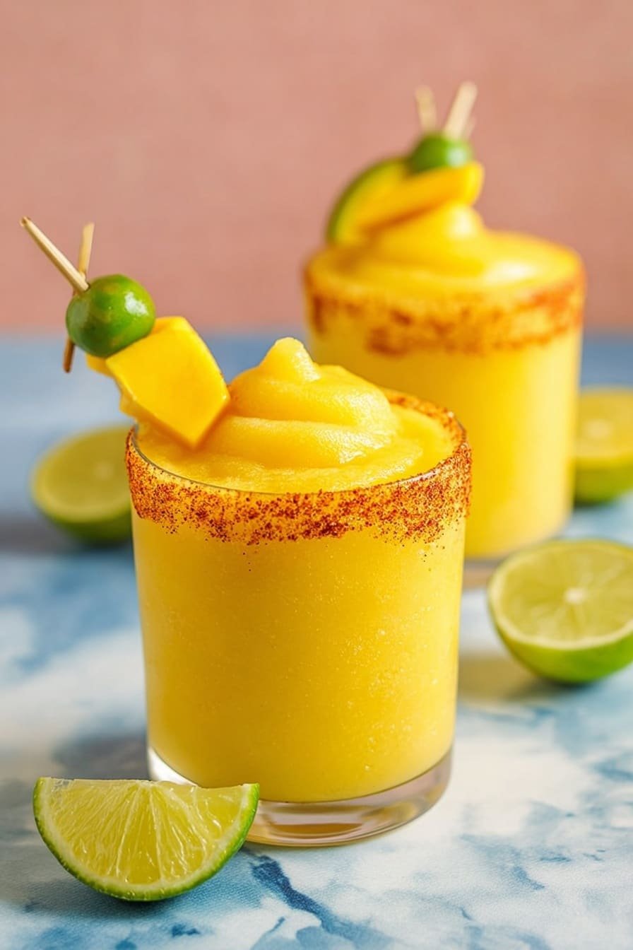 Two short clear glasses hold bright yellow frozen drinks with smooth icy textures filling each glass. The glass in the front has a rim coated with a reddish spice mix, topped with a thick swirl of the yellow frozen drink. A small green lime wedge and a yellow mango slice are both pierced together on a small skewer resting on the rim. The second glass in the background is similarly filled and garnished with a lime wedge and mango slice. Around the glasses are lime halves, and they sit on a white marbled surface with a soft blue tone. The background is a soft pinkish blurry color. Photo taken with an iphone --ar 2:3 --v 7