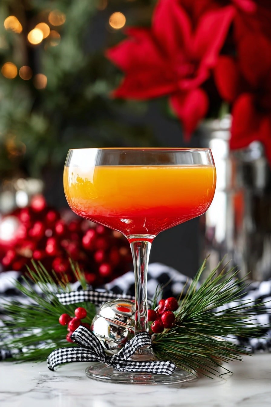 A clear glass cocktail coupe with a tall stem stands on a white marbled surface, filled with two layers of liquid: the top layer is bright orange and smooth, while the bottom layer is a rich red, creating a gradient effect. Around the glass sit two silver bells decorated with green pine needles, small red berries, and tied with black and white checkered ribbons. In the background, blurred red flowers and holiday decorations add a festive touch. photo taken with an iphone --ar 2:3 --v 7