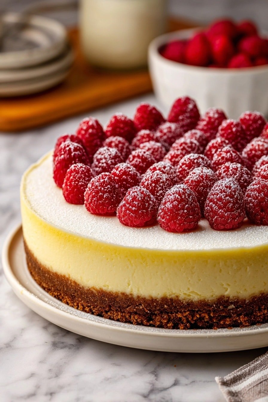 A round cheesecake with three clear layers sits on a white plate over a white marbled surface. The bottom crust layer is thick and crumbly, dark brown in color. Above it is a smooth, creamy yellow middle layer. The top layer is a thin, even spread of white cream. The cheesecake is decorated with two rows of bright red raspberries, standing upright and closely packed in neat circles, with a light dusting of white powdered sugar over the berries and plate. In the background, there is a blurred jar and a white bowl filled with raspberries. photo taken with an iphone --ar 2:3 --v 7