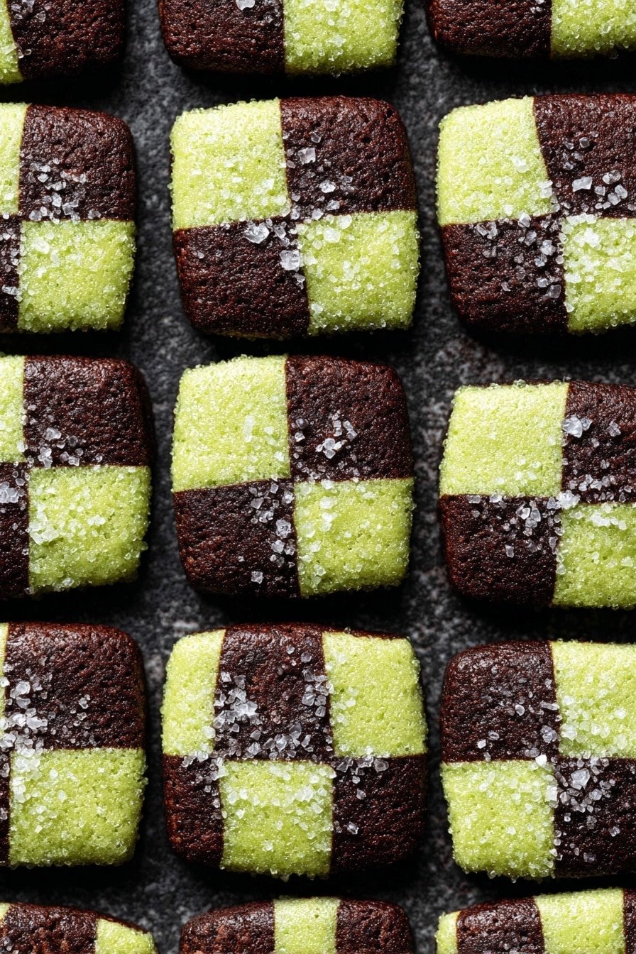The image shows a close-up of several square cookies arranged in a grid way, each cookie has a checkered pattern with four dark brown chocolate squares and four light green squares, alternating. The cookies are topped with coarse sugar crystals that add a sparkly texture. They are placed closely together on a dark, slightly rough surface that contrasts with their bright colors. photo taken with an iphone --ar 2:3 --v 7