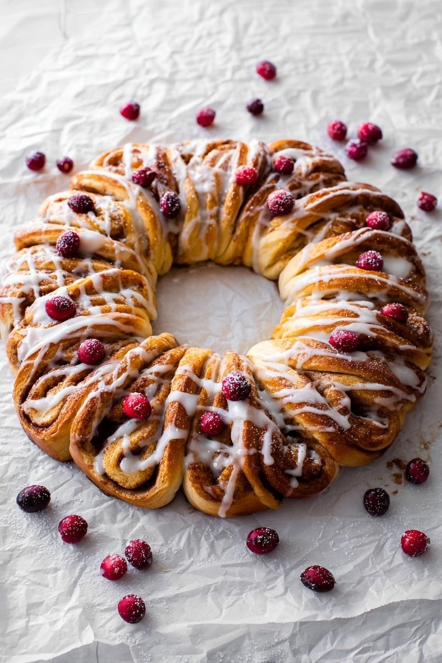 A round wreath made of golden brown cinnamon roll pieces, each twisted with visible cinnamon layers and covered in white icing drizzled across the top and pooling slightly underneath. Bright red cranberries are scattered on and around the wreath, giving a pop of color. The wreath sits on crinkled white parchment paper over a white marbled surface. The light highlights the shiny glaze and soft texture of the pastry photo taken with an iphone --ar 2:3 --v 7