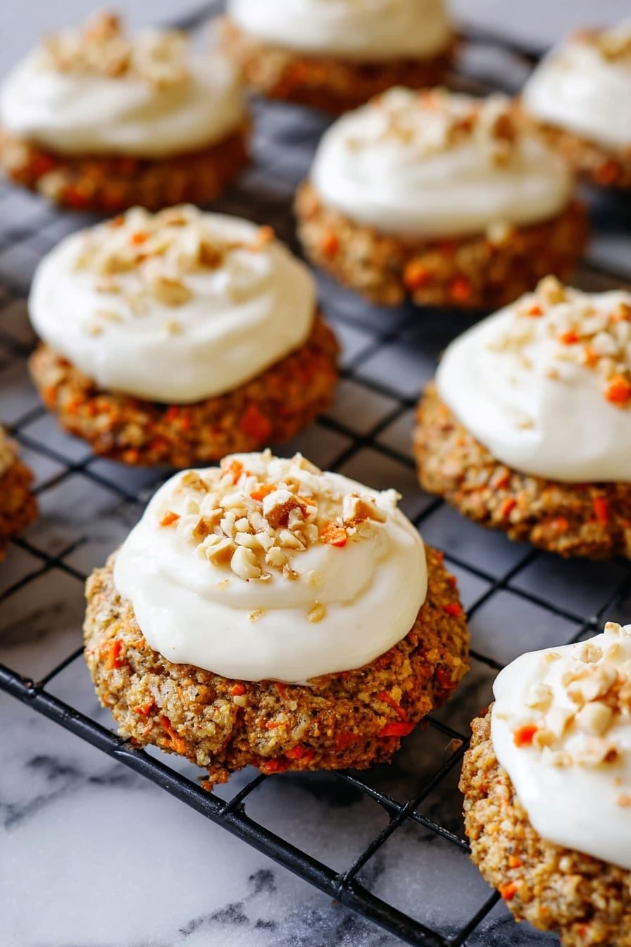 The image shows several round cookies with a rough, textured brown base, dotted with small orange carrot pieces, arranged on a black cooling rack. Each cookie has a thick layer of white cream spread on top, slightly rounded and smooth, sprinkled with small crushed nuts. The cookies are spaced evenly, and the background surface is a white marbled texture. photo taken with an iphone --ar 2:3 --v 7