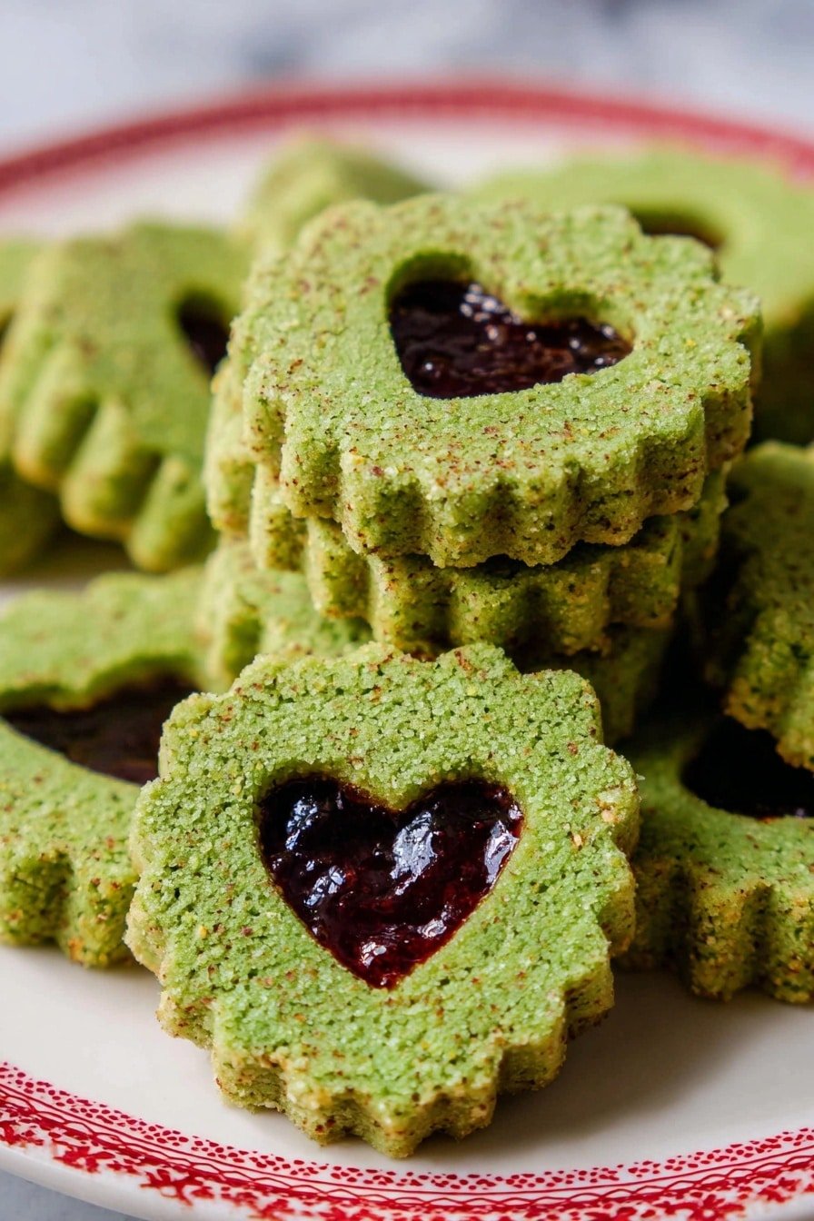The image shows a white plate filled with small, round green cookies that have scalloped edges. Each cookie has a heart-shaped cutout on top, revealing a dark red jam layer inside. The cookies are stacked in a loose pile, sprinkled with crushed pistachios on and around them. To the left side of the plate, there is a small glass jar with red jam topped with some pistachio pieces, resting on a white marbled surface. On the right side, there is a wooden bowl filled with pistachios and a few metal cookie cutters next to it. The whole scene is set on a white marbled textured surface with some scattered crumbs and nuts, and a light beige cloth is partially visible in the lower-left corner. photo taken with an iphone --ar 2:3 --v 7