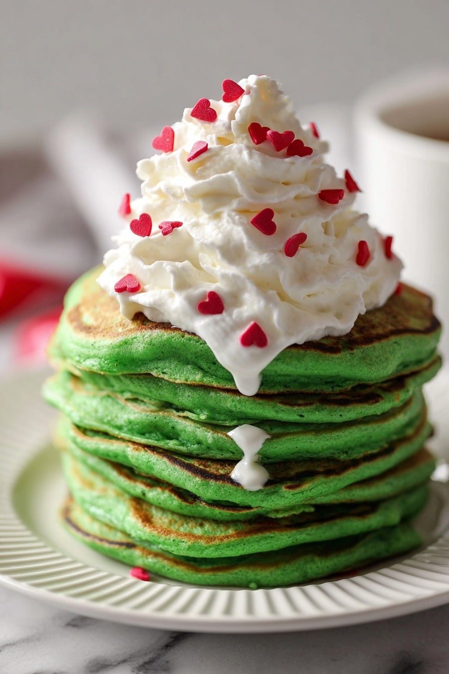 A stack of five thick, green pancakes with light browning on the edges sits on a white plate with ridged edges atop a white marbled surface. On top of the stack is a generous swirl of white whipped cream, soft and fluffy, decorated with small red heart-shaped sprinkles. Some whipped cream drips slightly down the side of the pancakes. The background is softly blurred with a bright, neutral tone. Photo taken with an iphone --ar 2:3 --v 7