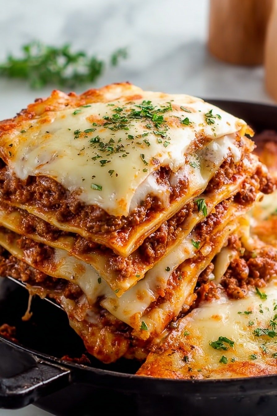 A close-up view of a stack of four thick layers of lasagna on a dark baking tray set on a white marbled surface. Each layer alternates between a slightly browned, melted white cheese layer on top with a smooth texture, and a rich meat sauce layer beneath, which is chunky and deep red with bits of browned meat and small tomato pieces. The top layer has a golden-bubbly cheese crust sprinkled lightly with green herbs. The sides show the layers clearly, with melted cheese stretching softly between them. Some loose pieces of meat and sauce spill onto the tray near the lasagna. Photo taken with an iphone --ar 2:3 --v 7
